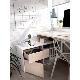 Dmora Schreibtisch Gardena, Mehrzweckschreibtisch für Büro oder Schlafzimmer, Mehrzweck-Ecktisch, 139 x 92 x 75 cm, Weiß und Eiche
