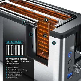 Arendo Edelstahl Toaster Langschlitz 4 Scheiben - Defrost Funktion - wärmeisolierendes Gehäuse - mit integrierten Brötchenaufsatz - Krümelschublade