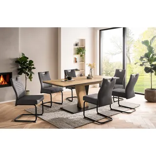 OTTO home Essgruppe OTTO HOME "Altona", Esstisch ausziehbar plus 6 Stühle", eiche, anthrazit, anthrazit, schwarz, Microfaser, Synchron-Auszug, Sitzmöbel-Sets, Essgruppe, Säulentisch 140-180x90 cm, Stuhl mit Federkorb, 140 kg belastbar