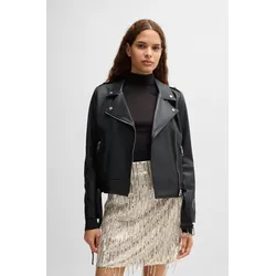 Lederjacke BOSS ORANGE "Sameli Premium Damenmode", Damen, Gr. 36, schwarz (schwarz_001), Obermaterial: 100% Lammleder, unifarben, casual, regular fit hüftlang, V-Ausschnitt, Langarm eng ohne Bündchen, Jacken, mit Ziergürtel