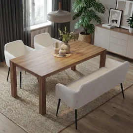Mendler Esszimmer-Set HWC-L13, 2er-Set Stuhl+Sitzbank Esszimmergruppe Sitzgruppe Esszimmergarnitur, Stoff/Textil ~ creme-weiß
