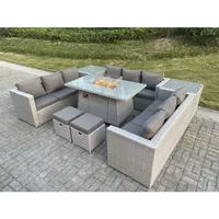 Polyrattan Gartenmöbel Set Im Freien Gas Feuertisch Sofa Sets Mit 2 Beistelltisch 2 Kleiner Hocker Helles Grau - Fimous