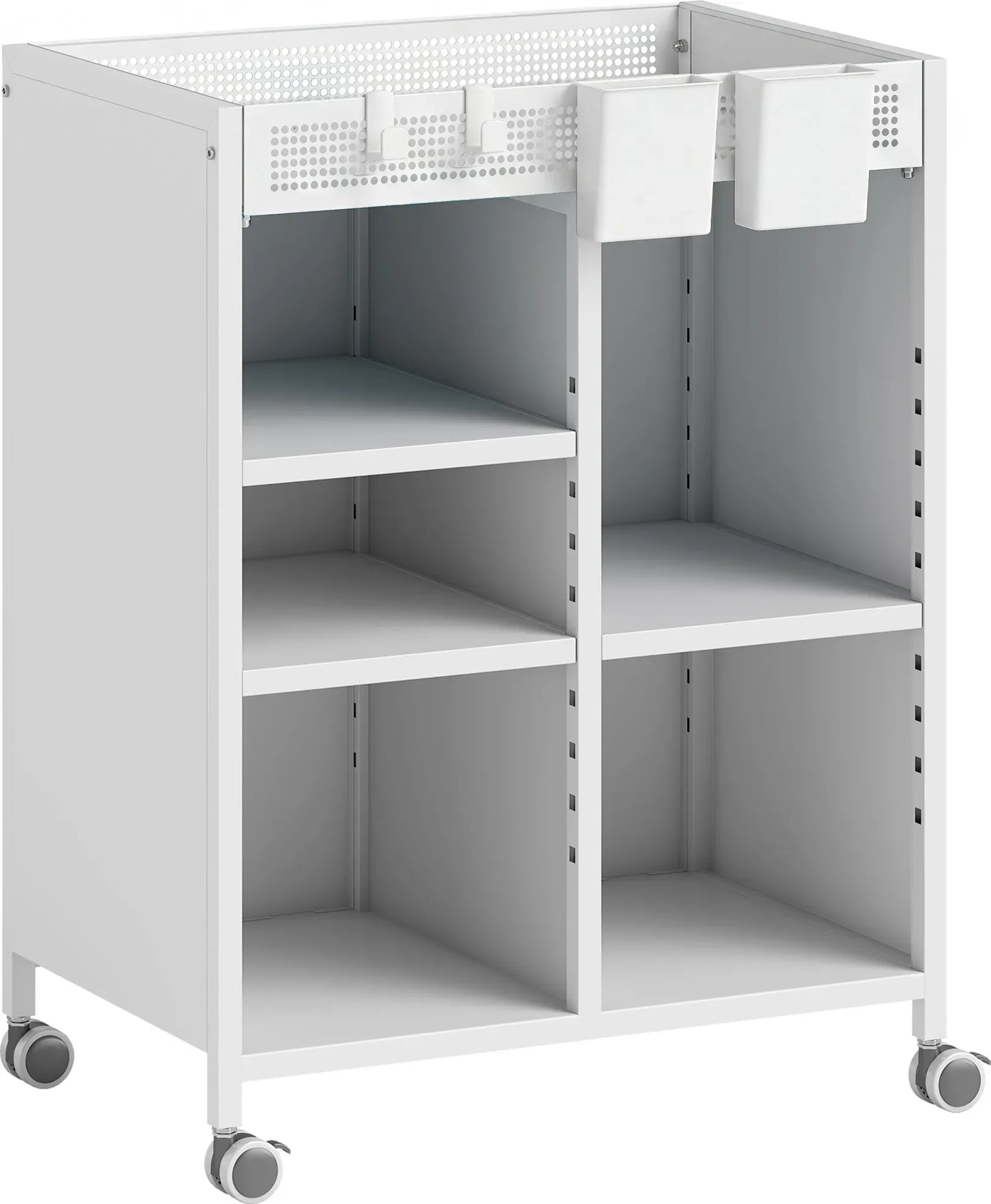 HOMCOM Bücherregal auf Rollen, 4-stufiges Bücherwagen, Rollwagen mit verstellbaren Regalböden, Hängekörben und Haken für Wohnzimmer und Home Office, Weiß   Aosom