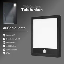 Telefunken - LED Außenwandleuchte, Außenwandlampe inkl. Bewegungsmelder, inkl. Dämmerungssensor, Backlight Effekt, 15 Watt, 2.000 Lumen, IP44, Quadratisch, Weiß/Schwarz, 250x250x45mm (LxBxH)