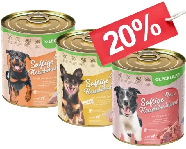 18 x 800 g Lecker.Pet® Gino's, Josie's & Luna's Saftige Fleischmahlzeit Hundefutter Nassfutter Mix Vollnahrung - je Sorte 6 Dosen