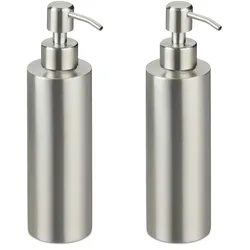 Relaxdays Seifenspender 2x, 300ml, Edelstahl, nachfüllbar, Seife, Duschgel, Badezimmer, Küche, Handseifenspender, silber