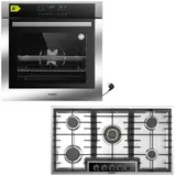KB Elements Gasherd-Set Einbaubackofen 60 cm mit Gaskochfeld 90 cm, 5 Flammig, mit 2-fach-Teleskopauszug, AQUA CLEAN, Airfry Funktion, Gaskochfeld mit vollkupfer-Brennern silberfarben