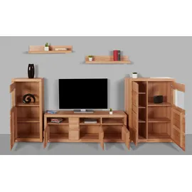 OTTO home Wohnwand OTTO HOME "Silkeborg: 5-teilig, Breite: 310cm, Griffmulden, variable Einlegeboden", beige (kernbuche teilmassiv), Holzwerkstoff Kernbuchefarben (Korpus)/ Massivholz Kernbuche (Front), Holz teilmassiv, Kastenmöbel-Sets, Wohnwand, Fronten aus 