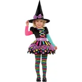 Amscan - Kinderkostüm Bunte Hexe, Kleid, Hexenhut, Strumpfhose, Witch, Zauberer, Mottoparty, Karneval, Halloween, Schwarz, 3 bis 4 Jahre