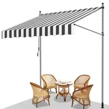 Fiqops Klemmmarkise Balkon 200x120cm Markise Einziehbar aus Polyester, Stahl Höhenverstellbar Markise mit Handkurbel, UV-beständig, Installation ohne Bohren für Balkon Garten Terrasse Weiß Grau