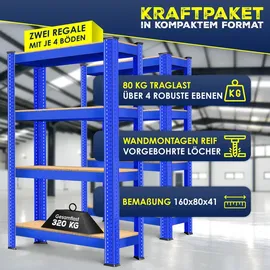 Masko Lagerregal 4 Ablagen Metall 160 cm x 80 cm x 40 cm blau