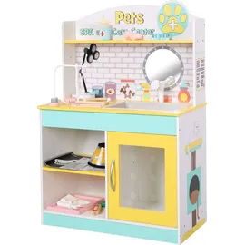 Teamson Kids Little Helper Holzhaustierspielständer Pretend Vet Clinic Spielzeugset für Katzen- und Hundespielzeug mit 19 Rollenspielzubehör Grün/Gelb TD-13636A