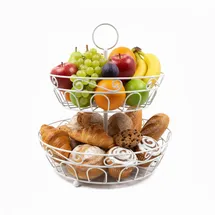 Relaxdays Obst Etagere, 2-stöckig, Metall, HxD: 30 x 31 cm, Obst & Gemüse, mit Griff, runde Obstschale, Obstkorb, weiß