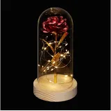 Relaxdays Ewige Rose im Glas, mit LED-Beleuchtung, Kunstrose als Mutter-, Jahres- oder Valentinstaggeschenk, rot/gold