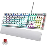 TECURS Gaming Mechanische Tastatur Programmierbare Mit Magnetische Handgelenkauflage, Rote Schalter, 19 LED Modi, Multimedia-Tasten, PC Mit Kabel QWERTZ DE-Layout, Weiß