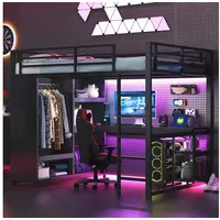 OKWISH Hochbett Funktionsbett,Einzelbett,Kinderbett (mit LED, Schreibtisch, Kleiderschrank und Stauraum – Platzsparendes Design)