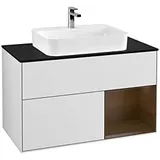 Villeroy & Boch Finion Waschtischunterschrank F372GNMT 100cm, Abdeckplatte black matt, Regal rechts Walnut veneer, White matt lacquer