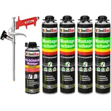 Isolbau Bauschaum-Set - Inkl. 4 x 1K Montageschaum B2 Pistolenschaum mit hervorragender Schall und Wärmedämmung (je 750 ml), 1 x PU-Schaum-Reiniger (500 ml) & 1 x Schaumpistole, Verfüllen