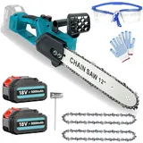 Akku Kettensäge 12 Zoll, Elektro Kettensäge mit 2x 5500mAh Akkus, Bürstenloser Motor, Werkzeuglose Kettenspannung, 30cm Schwertlänge, für Holz, Gartenscheren Astschere