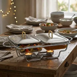 Premium Edelstahl Speisewärmer, 2 x 1,5 Liter Schalen, mit transparenten Glasdeckeln: Ofenfest, inkl. Ständer und Teelichter, ideal für warme Buffets
