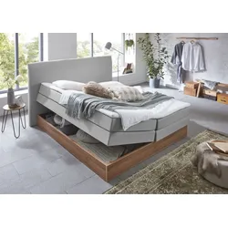 Boxspringbett HOME AFFAIRE "Blomen", grau (hellgrau), B:182cm L:224cm, Komplettbetten, Boxspringbett, mit Walnuss-Dekor, mit Bettkasten, verschiedene Härtegrade, mit Topper