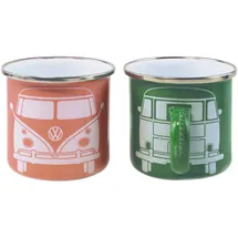 VW Collection - Volkswagen 2er Set Emaille Kaffee-Tee-Cappuccino-Tasse-Becher-Haferl Mug für Camping & Outdoor T1 Bus (350 ml x2/Grün & Rosa)