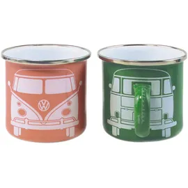 VW Collection - Volkswagen 2er Set Emaille Kaffee-Tee-Cappuccino-Tasse-Becher-Haferl Mug für Camping & Outdoor T1 Bus (350 ml x2/Grün & Rosa)