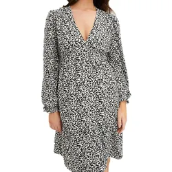 nachhaltiges Damen Mini-Kleid abstrakt bedrucktes Sommer-Kleid mit V-Ausschnitt Langarm-Kleid 910177 Schwarz/Hellbeige - 38