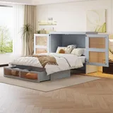 Sweiko Schrankbett 140 x 200 cm, Wandbett mit Lattenrost, Wandklappbett, vertikales schrankbett mit Lattenrost, mit Stauraumschubladen, Rattan-Desi... - Grau/Weiß