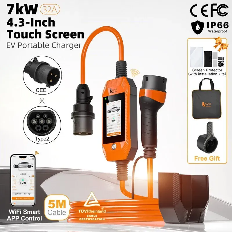 Feyree 4,3 Zoll Touchscreen Typ 2 7 kW 32 A Einstellbarer tragbarer EV-Ladegerät mit Adapter, Smart-App und WLAN-Steuerung für Elektrofahrzeuge