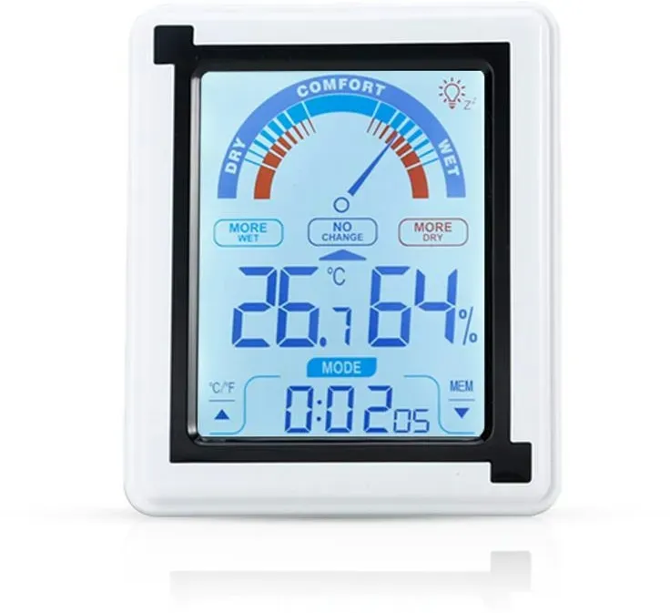 Intirilife Elektronisches Thermometer in WEISS - 10 x 3 x 13 cm - LCD Touch Thermometer mit Uhr Messgerät für Temperatur, Luftfeuchtigkeit