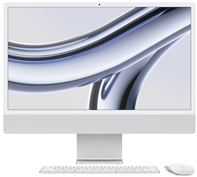 Apple iMac 24" (2023) Silber M3 Chip mit 8-Core CPU, 10-Core GPU und 16-Core Neutral Engine 24" 256 GB Magic Keyboard mit Touch ID und Ziffernblock - Deutsch macOS 8 GB Gigabit Ethernet Magic Maus