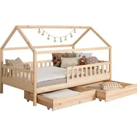 TICAA Kinderbett Hausbett Montessori Kay 90x200, 100x200 cm, 120x200 cm, 140x200 für Jungen & Mädchen mit Schubladen, Rausfallschutz & Rolllattenrost - aus Kiefer Massivholz für Kinderzimmer