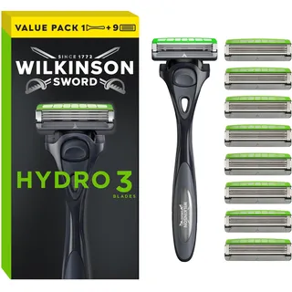 Wilkinson Sword - Hydro 3 Rasierer für Männer, Rasiergriff + 9 Rasierklingen, Feuchtigkeitsspendende Gel-Pools