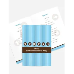 Kommunion Menükarten selbst gestalten mit Spruch und Fotos im Onlinedesigner bei Meine-Kartenmanufaktur.de