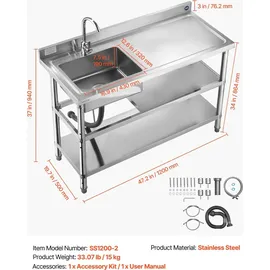 Vevor Spültisch Spülbecken Edelstahl (120 x 50 x 94 cm), Einzelbecken mit Wasserhahn & 2 Ablagefächern, Küchenspüle für Garage Restaurant, Waschtisch Außenspüle mit Arbeitsplatte (recht)