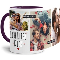 Tassendruck Fototasse mit Spruch - Ich Liebe Dich - zum Selbst gestalten mit 3 Fotos, Innen & Henkel Violett, 300 ml