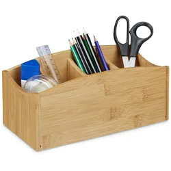 Relaxdays Schreibtischorganizer aus Bambus, Stifteköcher mit 4 Fächern, natürliche Maserung, HBT: ca. 11,5 x 26 x 13 cm, natur