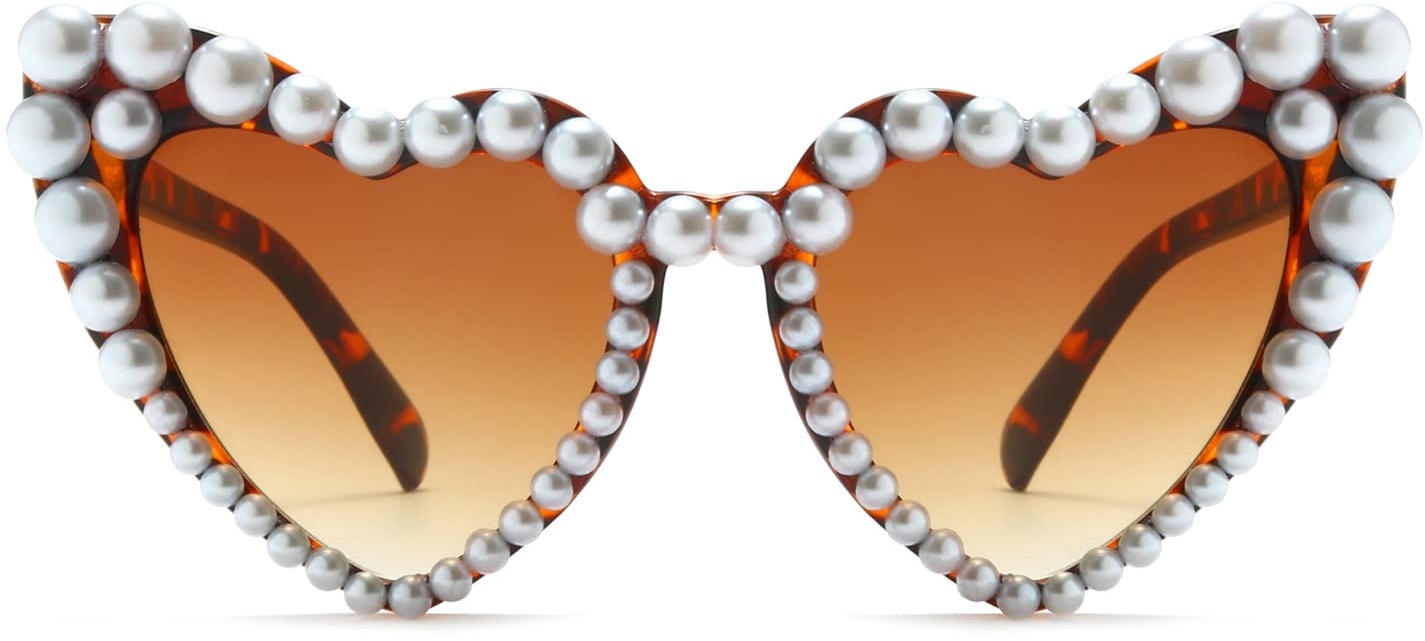 Long Keeper Retro Herz Sonnenbrille Perle - Vintage Sonnenbrille Damen Herzform mit Perlen Vintage Herzbrille Party Aesthetic UV400 Schutz