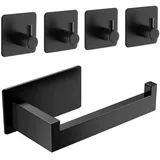Toilettenpapierhalter Ohne Bohren, Klopapierhalter Ohne Bohren, Selbstklebend Toilettenpapierrollenhalter Edelstahl mit 4 Stück Handtuchhaken,Toilet Paper Holder für Bad und Küche(Schwarz)