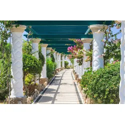 Fototapete PAPERMOON "PERGOLA-TERME KALITHEA GRIECHENLAND SÄULEN BLUMEN SONNE", bunt, B:4,00m L:2,60m, Vlies, Tapeten