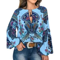 ORANDESIGNE Damen Vintage Bohemian Blusen Hippie Blumen Bluse Boho Tunika Elegante Oberteile Tops Langarm Shirt B Blau XL - XL