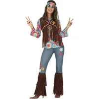 FIESTAS GUIRCA | Hippie Mujer Kostüm (44-46/XL) - Shirt, Weste, Stirnband und Hose - 60er und 70er Jahre Kostüme für Themenpartys, Karneval und Halloween - Ideal für Damen - Braun und Bunt