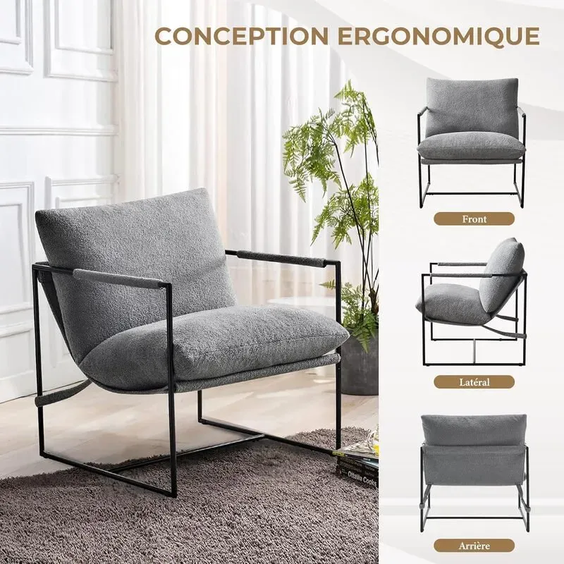 Ckaff Extra Large Sling Akzentstuhl 85 x 77,5 x 88 cm, Wohnzimmer-Lounge-Stuhl mit Metallrahmen und Polsterung, Flügelstuhl, Bezugsstuhl, Bouclé für Wohnzimmer, Schlafzimmer, Büro, Grau