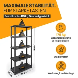 Kreher Kreher® Kunststoffregal „Evo“ mit 5 Böden - Steckregal für Haushalt, Keller & Garage - Standregal, Lagerregal & Aufbewahrungsregal - Schwarz - Schwarz