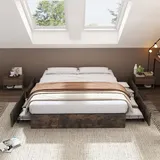 Okwish - Flachbett, Metallbett, 140 x 200 cm, Eisenbett, ohne Matratze, vier Schubladen, ohne Kopfteil, dunkelbraun