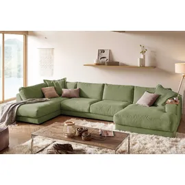 KAWOLA Wohnlandschaft U-Form Madeline Cord Longchair rechts olivgrün