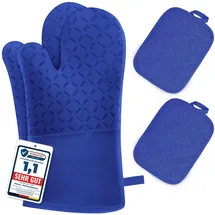 MILCEA Ofenhandschuhe Topflappen Topfhandschuhe 4er Set - Ofenhandschuhe Hitzebestaendig bis 300°C, Rutschschutz, Verlängern, Weich, Backhandschuhe Kochhandschuhe Oven Gloves, Blau