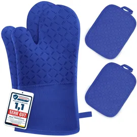 MILCEA Ofenhandschuhe Topflappen Topfhandschuhe 4er Set - Ofenhandschuhe Hitzebestaendig bis 300°C, Rutschschutz, Verlängern, Weich, Backhandschuhe Kochhandschuhe Oven Gloves, Blau