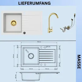 faizee home Granitspüle 75x43,5 cm rechts Einbauspüle weiß Handbetätigung 750 x 435 mm
